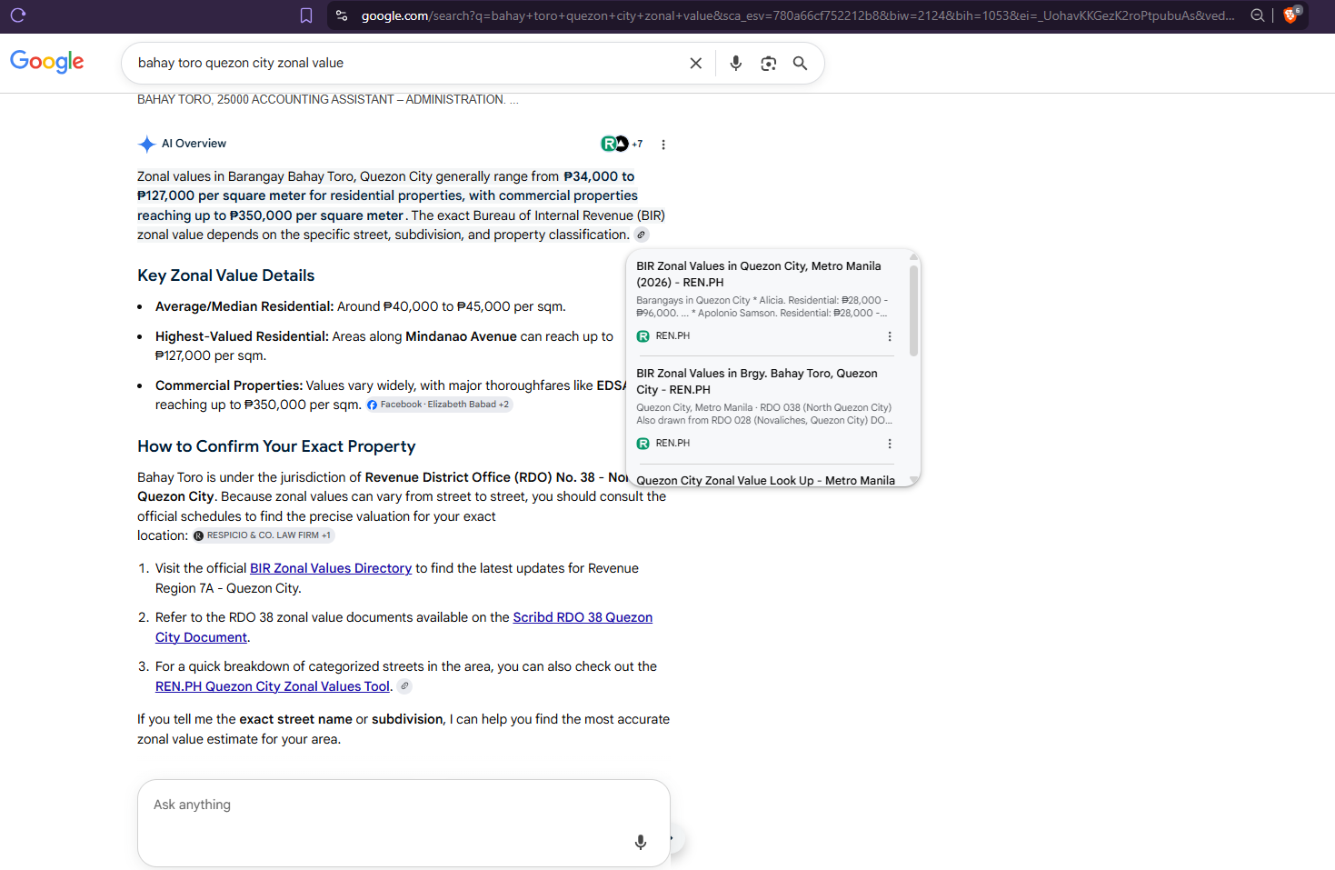Google AI Overview for the query bahay toro quezon city zonal value, with two REN.PH pages listed first in the sources panel