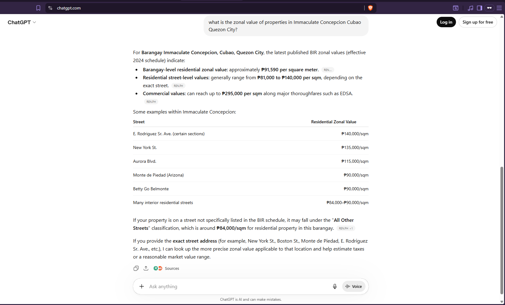 ChatGPT answer on Immaculate Concepcion Cubao zonal values, with a table of six named streets and their individual residential zonal values